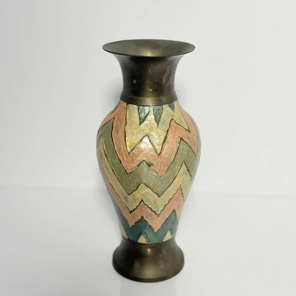 Solid Brass Decorative Vase, Multicolor Chevron Zigzag Pattern, Made in India